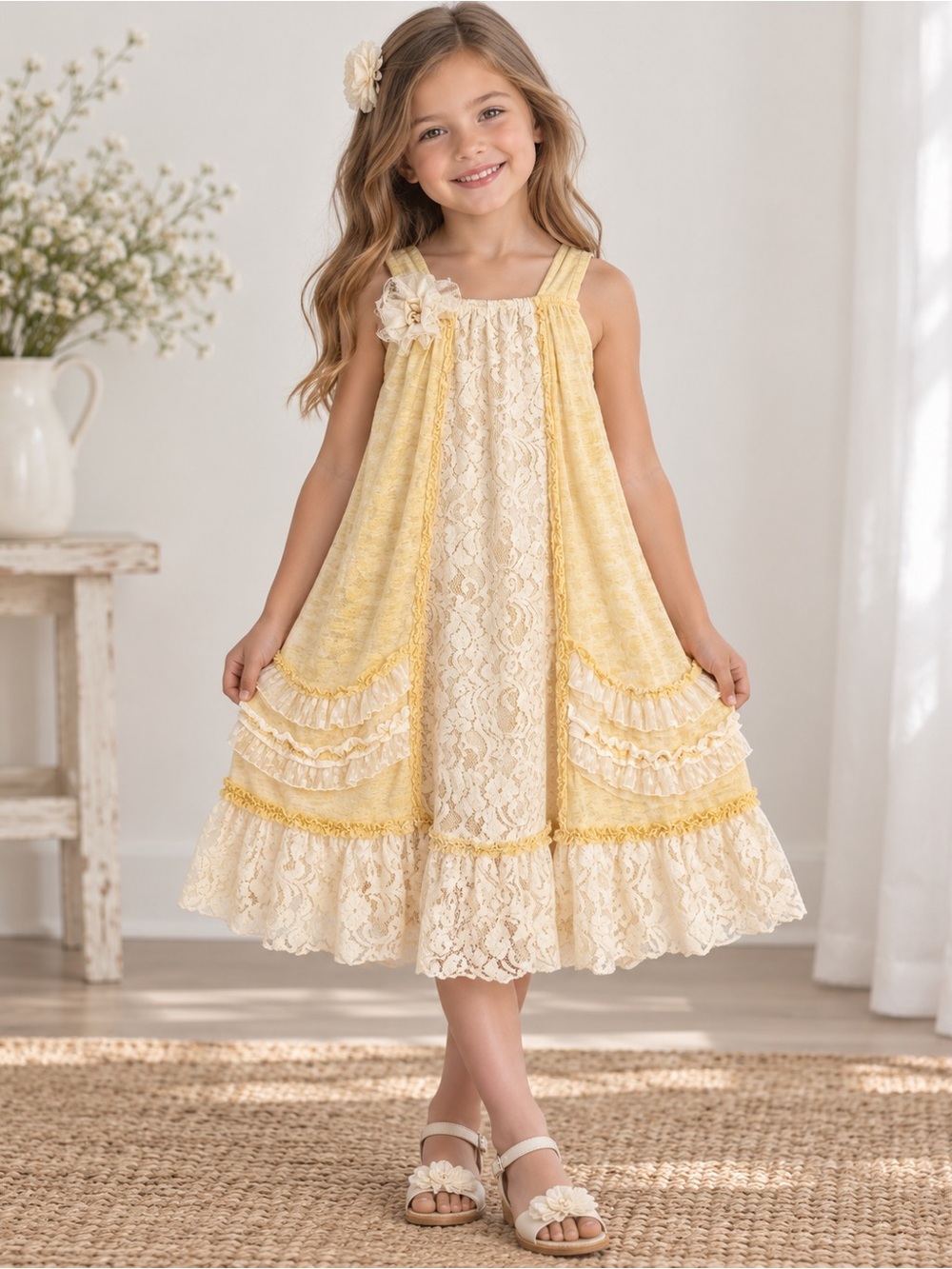 Isobella & Chloe Cream and Yellow Lace Ruffle Sundress